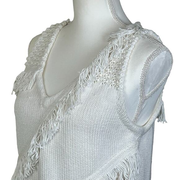 by Anthropologie Crochet Vest Size Medium White Cotton Silk Fringe Boho Knit Top - Picture 5 of 12